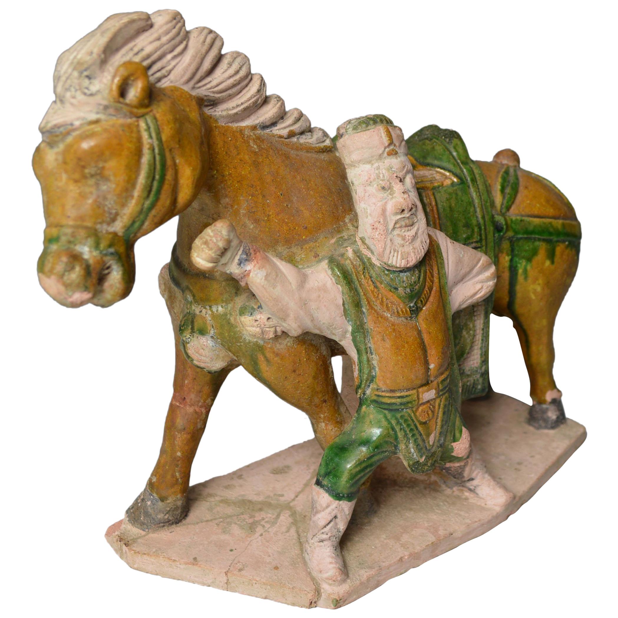 Asian Chinese Art Antique Ming Dynasty Horse Warrior Figure, circa 1368-1644 For Sale