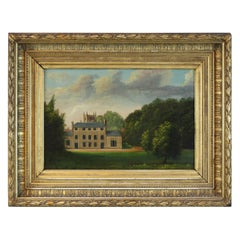 Antique 19th Century English Oil Painting on Tin - Georgian Rectory in Original Frame