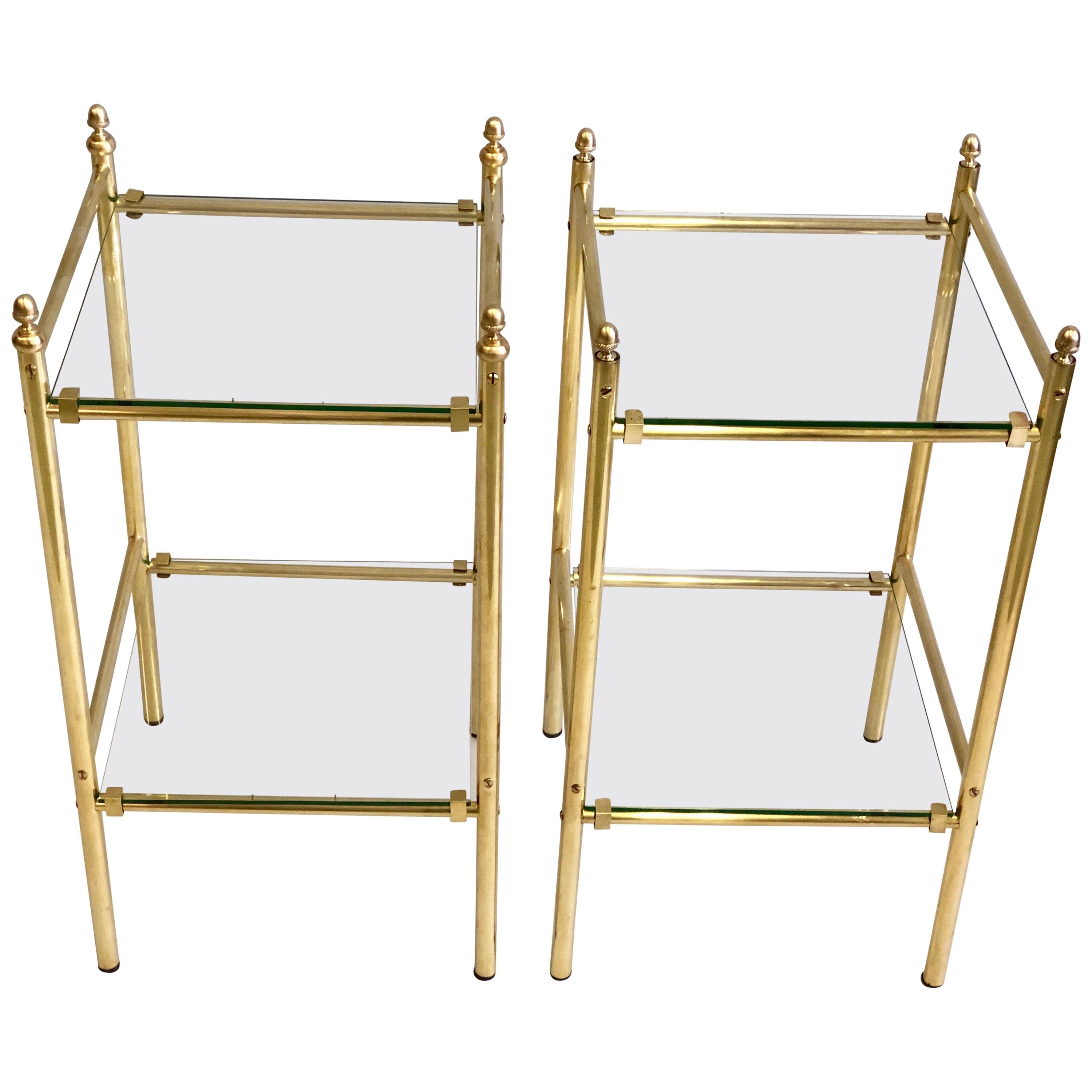 Pair of French Modern Neoclassical Double Level Brass Side Tables, Maison Jansen