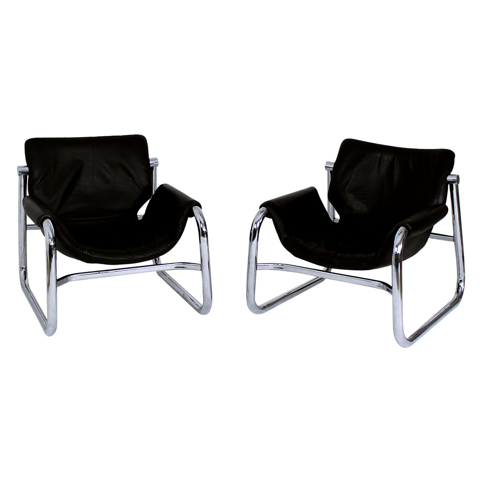Black Leather Alpha Sling Chairs by Maurice Burke for Pozza Brazil 1960s For Sale