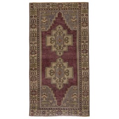 Brown, Purple and Green Handmade Wool Turkish Old Anatolian Konya Rug Small Size