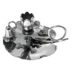 Art Nouveau Silver Salamander Water Lily Chamberstick Germany, circa 1890