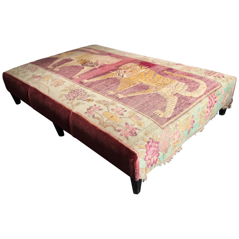 Large Rectangular Ottoman with Vintage Woven Tiger Rug For Sale at 1stDibs
