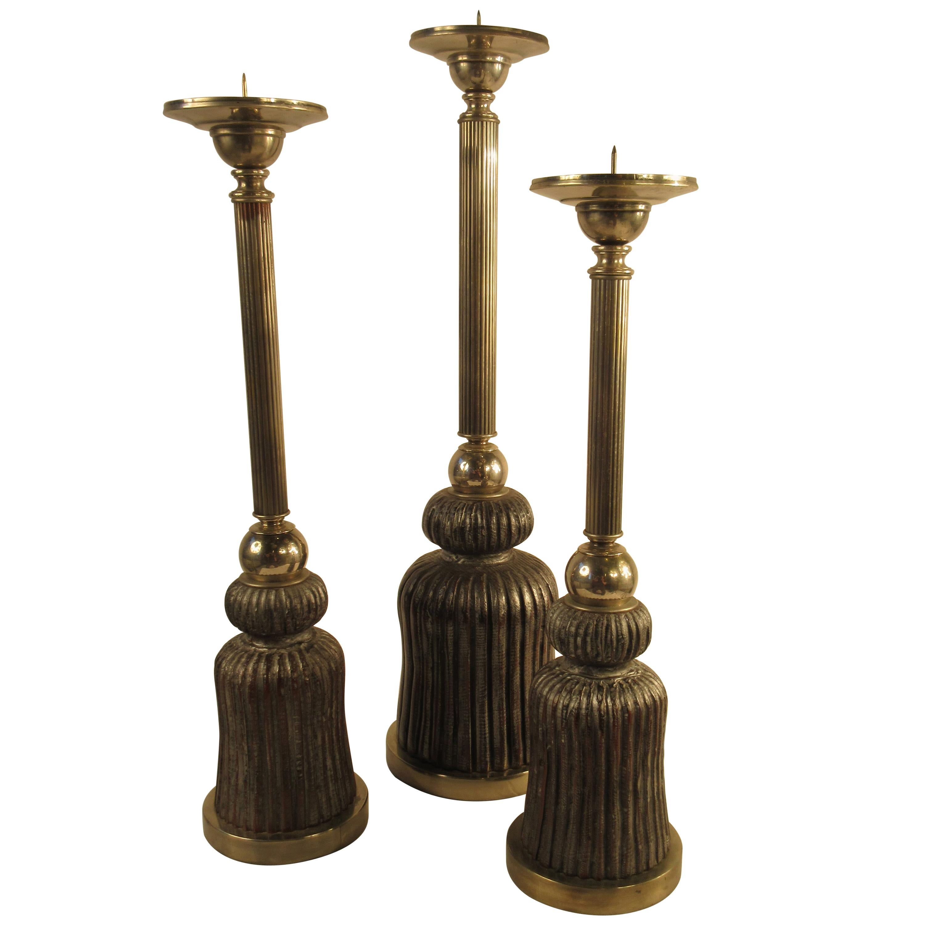 3 1980s Silver Plate and Wood Tassel Candlesticks