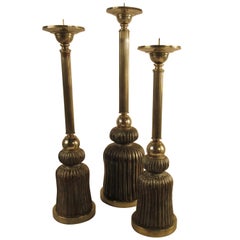 Retro 3 1980s Silver Plate and Wood Tassel Candlesticks