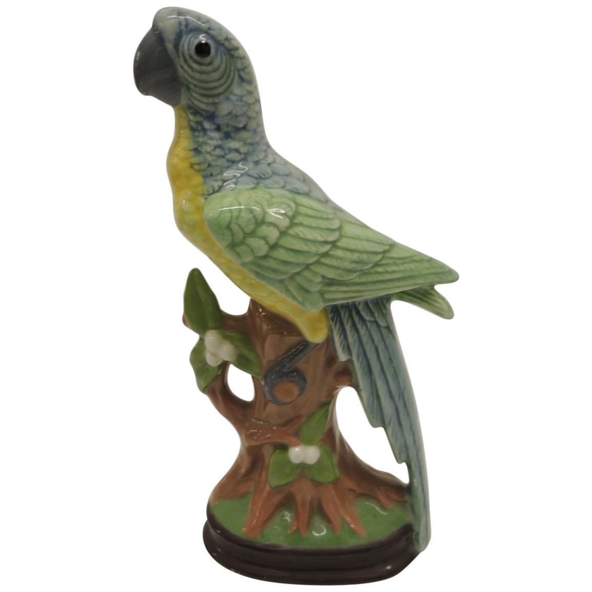 Vintage Hand Painted Colorful Porcelain Parrot Figurine on a Tree Trunk