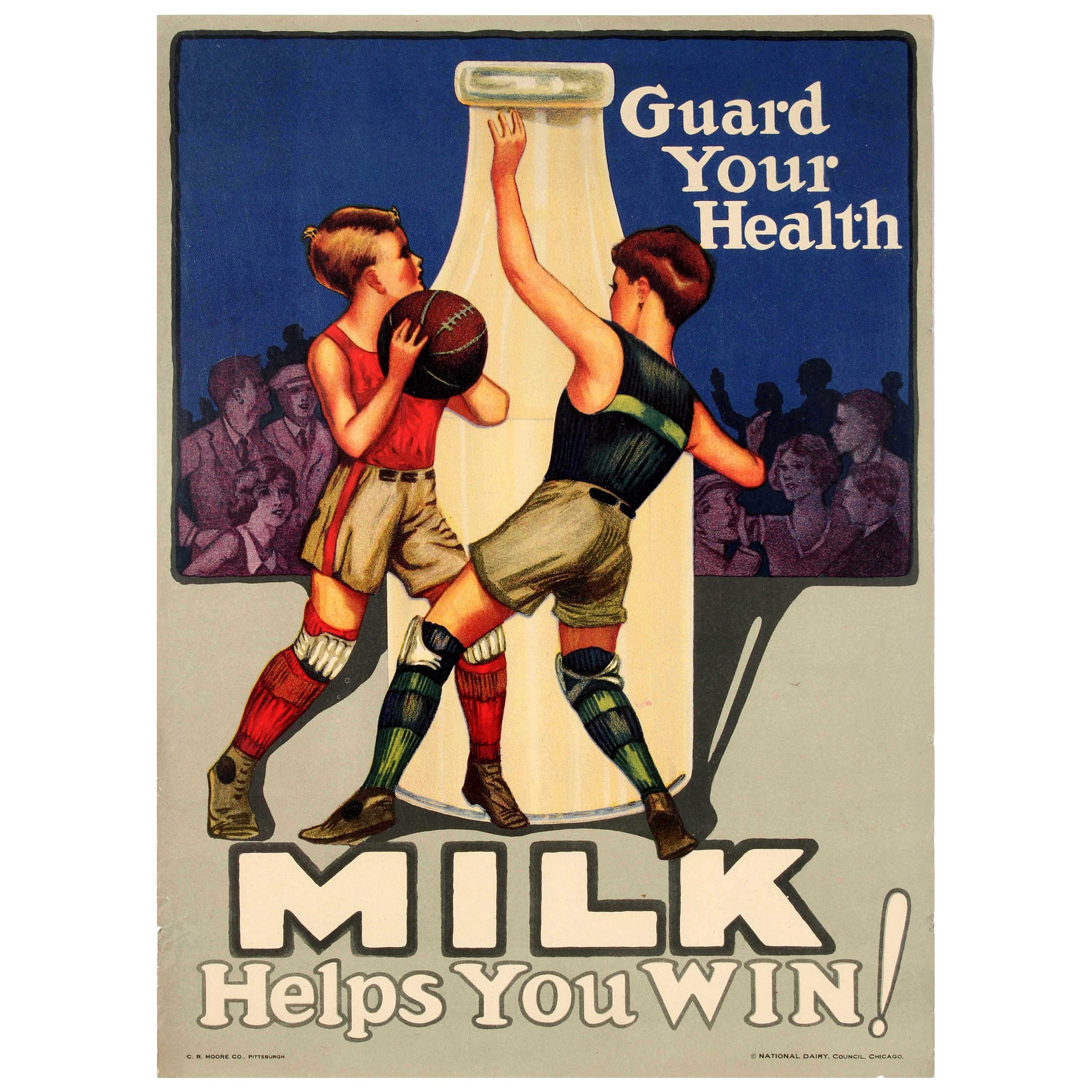 Original Vintage Poster Guard Your Health Milk Helps You Win Ft. Basketball Game