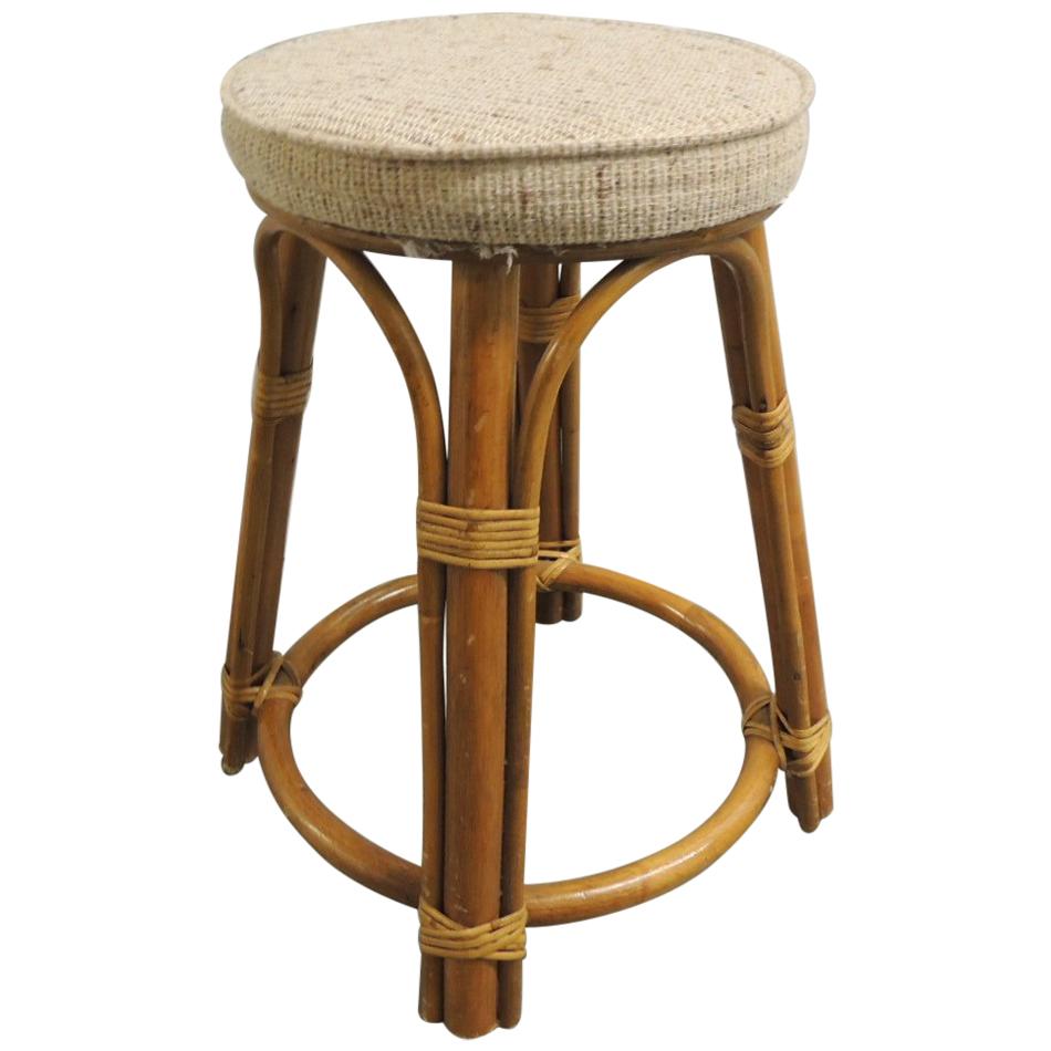 Vintage Bamboo and Rattan Tall Stool with Upholstered Round Seat