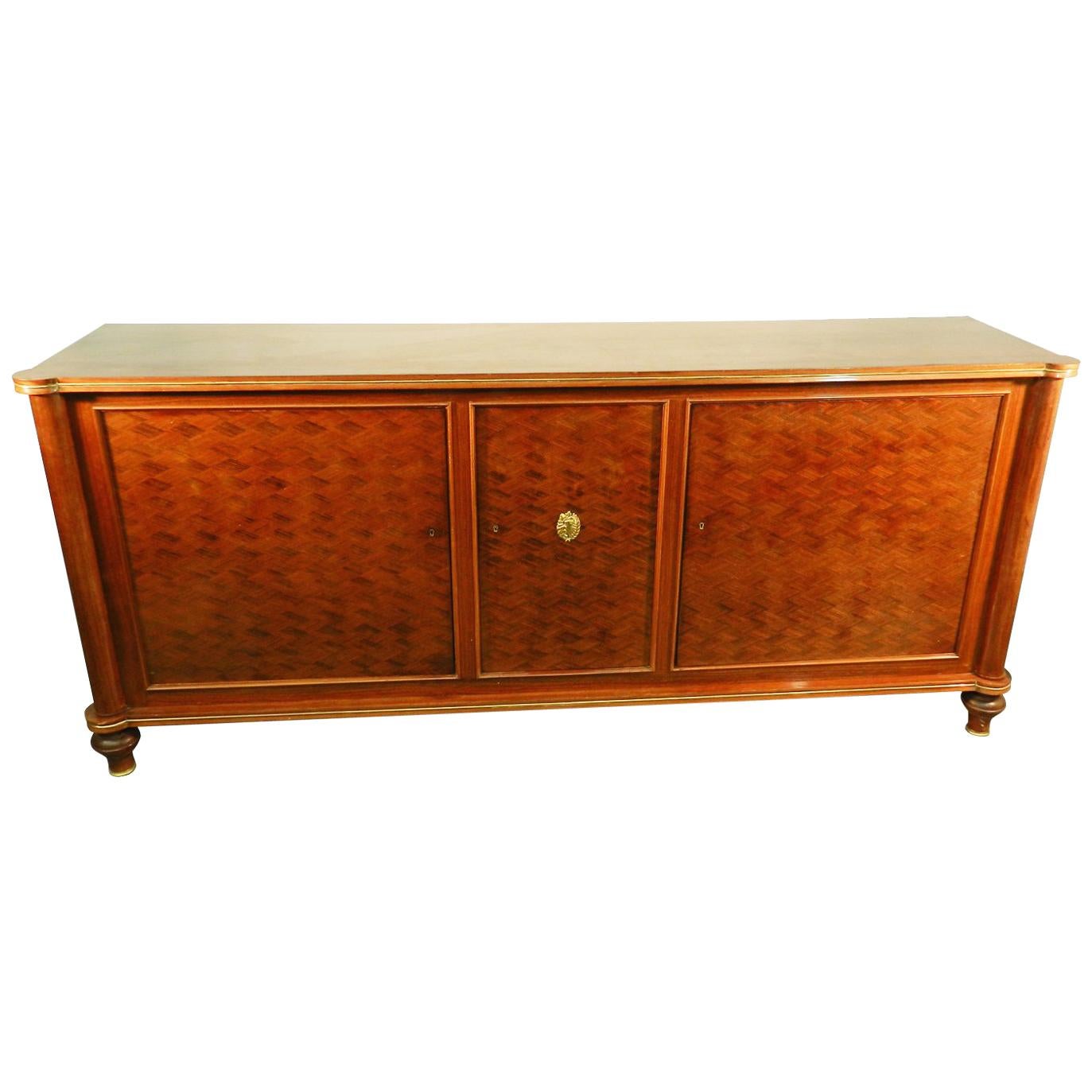 Jules Leleu, Walnut Sideboard with Three Diamond Marquetry Design Doors For Sale