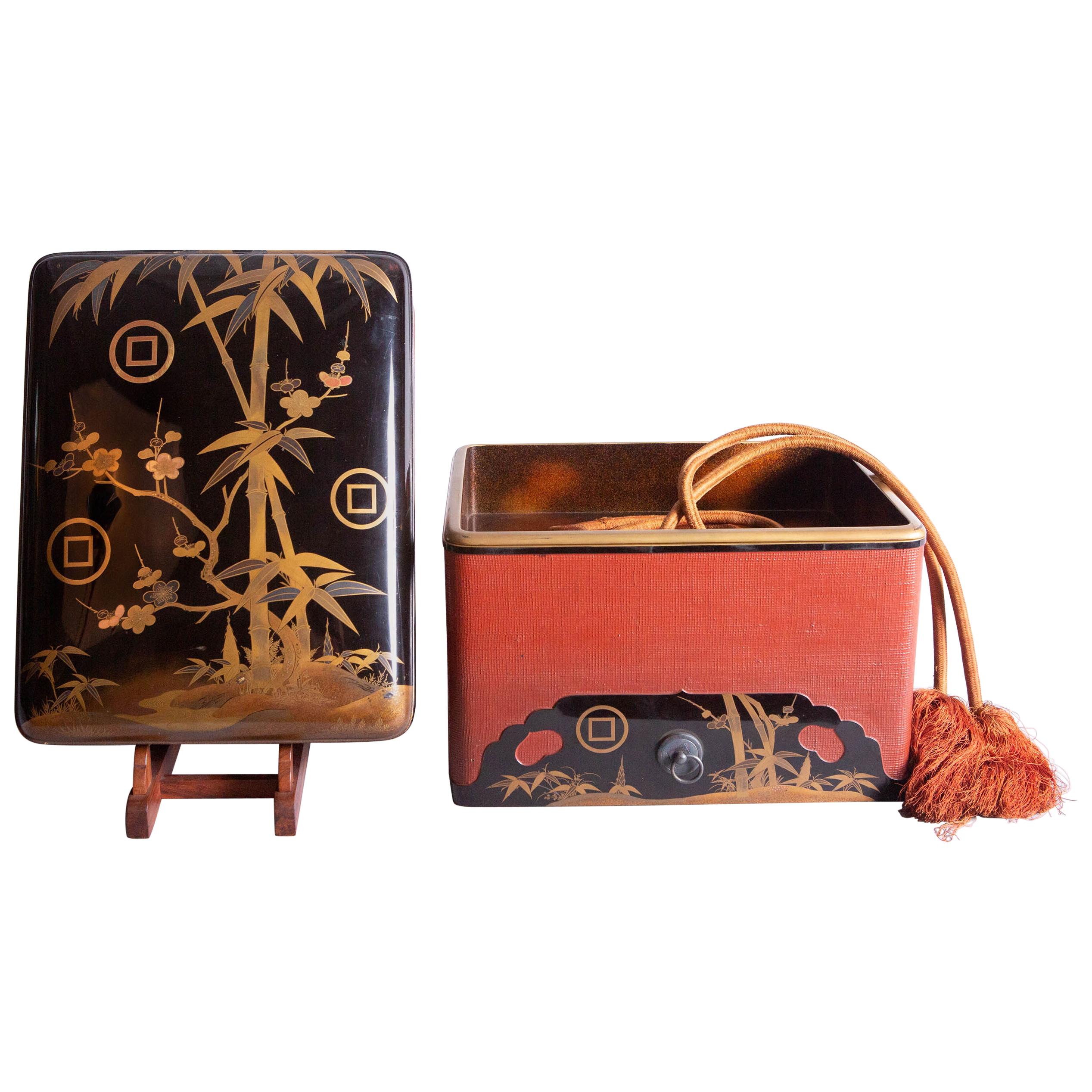 Japanese Lacquer Box with Bamboo, Plum, and Family Crest