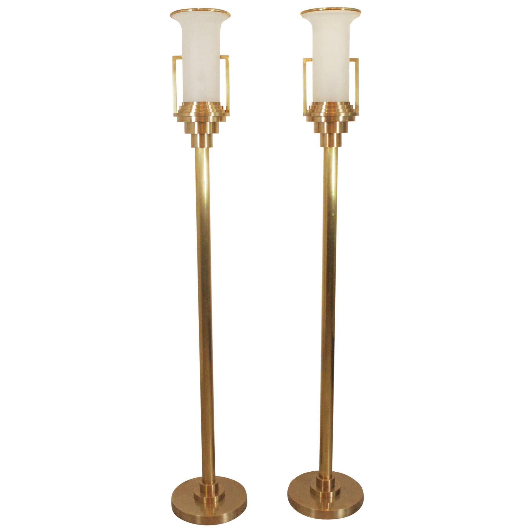 Pair of Modern Brass Torchere Floor Lamps