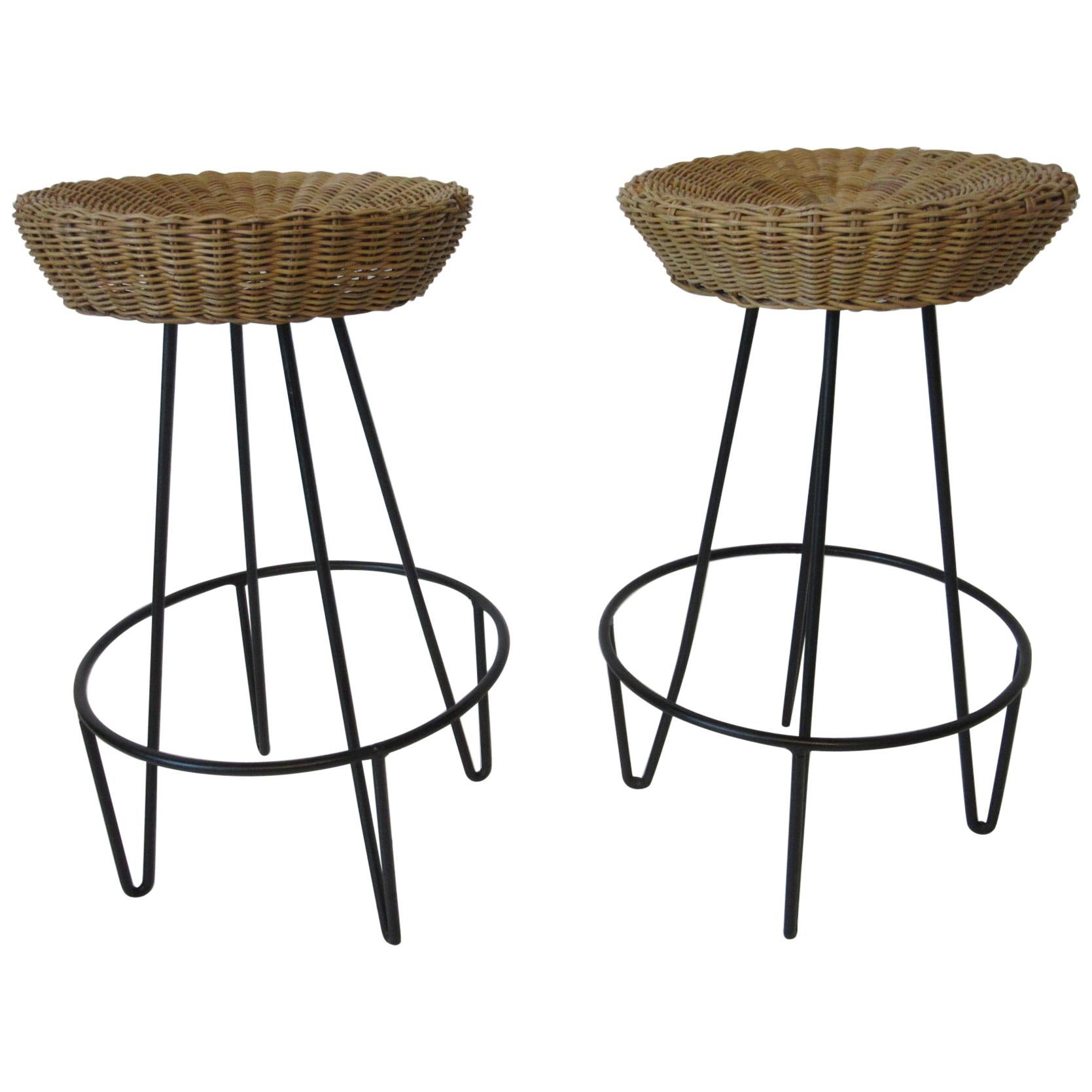 Frederick Weinberg Wicker and Iron Bar Stools