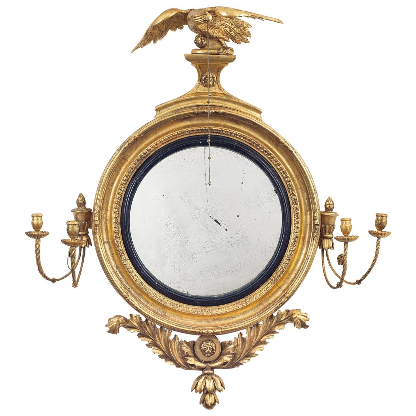 Regency Classical Gilt Convex Girandole Mirror For Sale