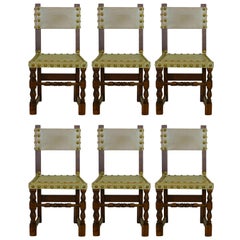 Six Dining Chairs Vintage 20th Century Spanish Leather Brass Studs Oak