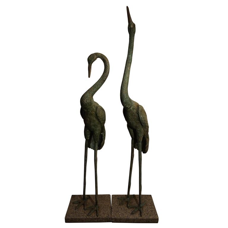 Pair of Massive Bronze Crane Sculptures For Sale at 1stDibs