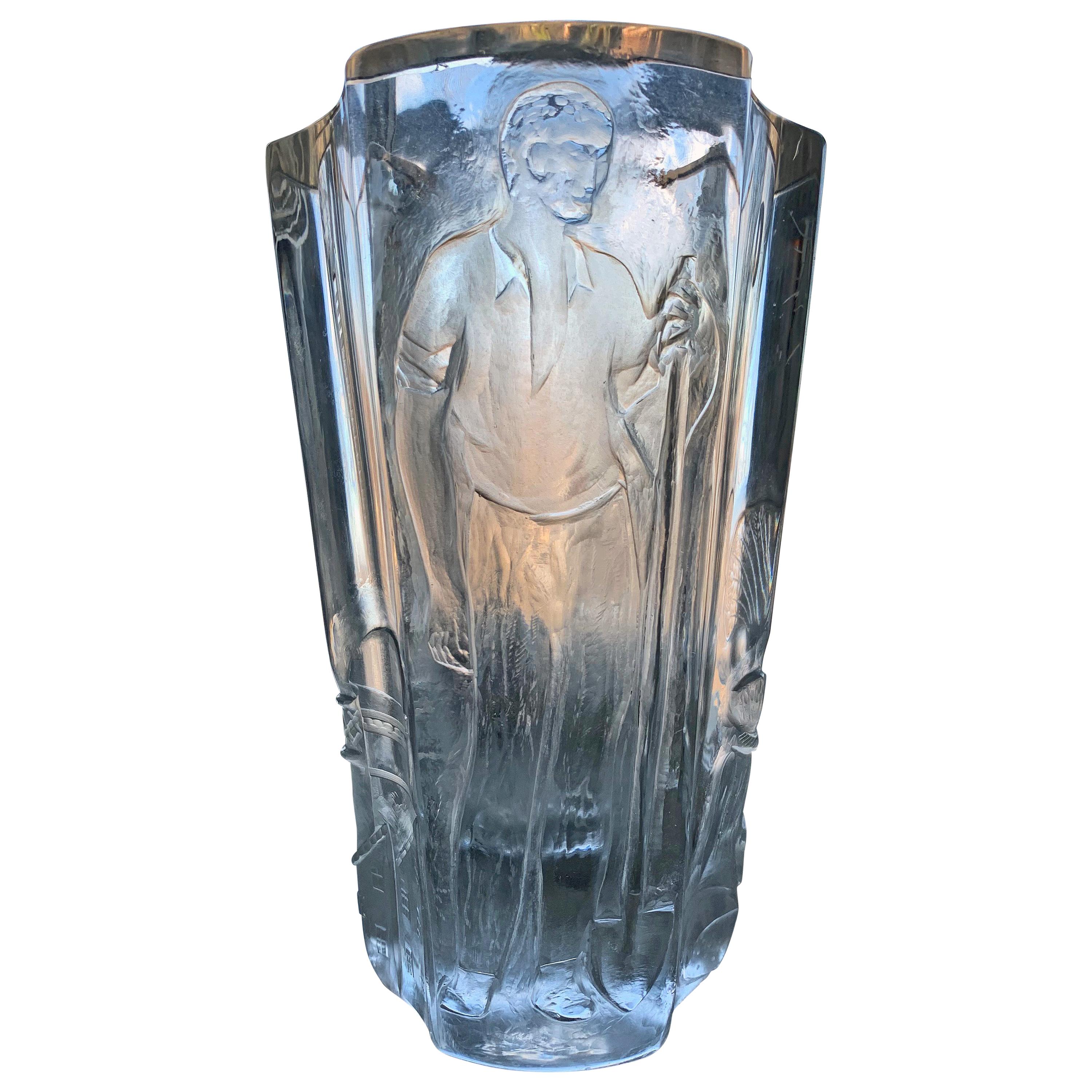 "Laborer in Farm and Factory, " Deeply Engraved Art Deco Glass Vase, Czech