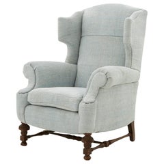 Antique Late 19th Century Wingback Chair Upholstered in Light Blue Hemp Rug