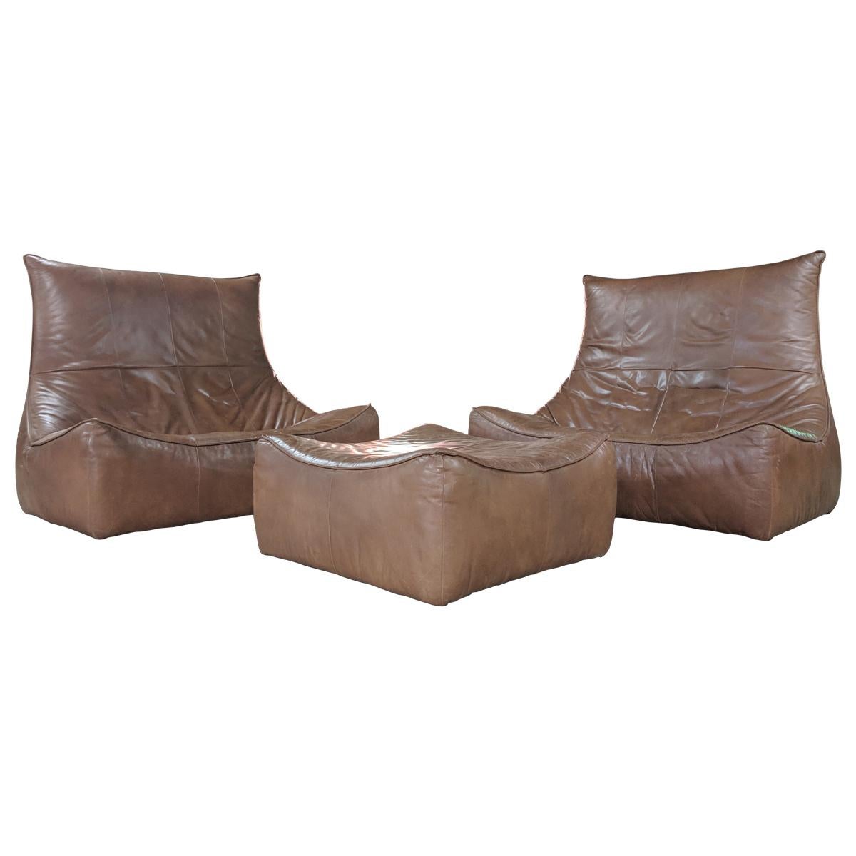 Vintage Caramel Leather 3-Piece "Rock" Sofa Set by Gerard Van Den Berg For Sale