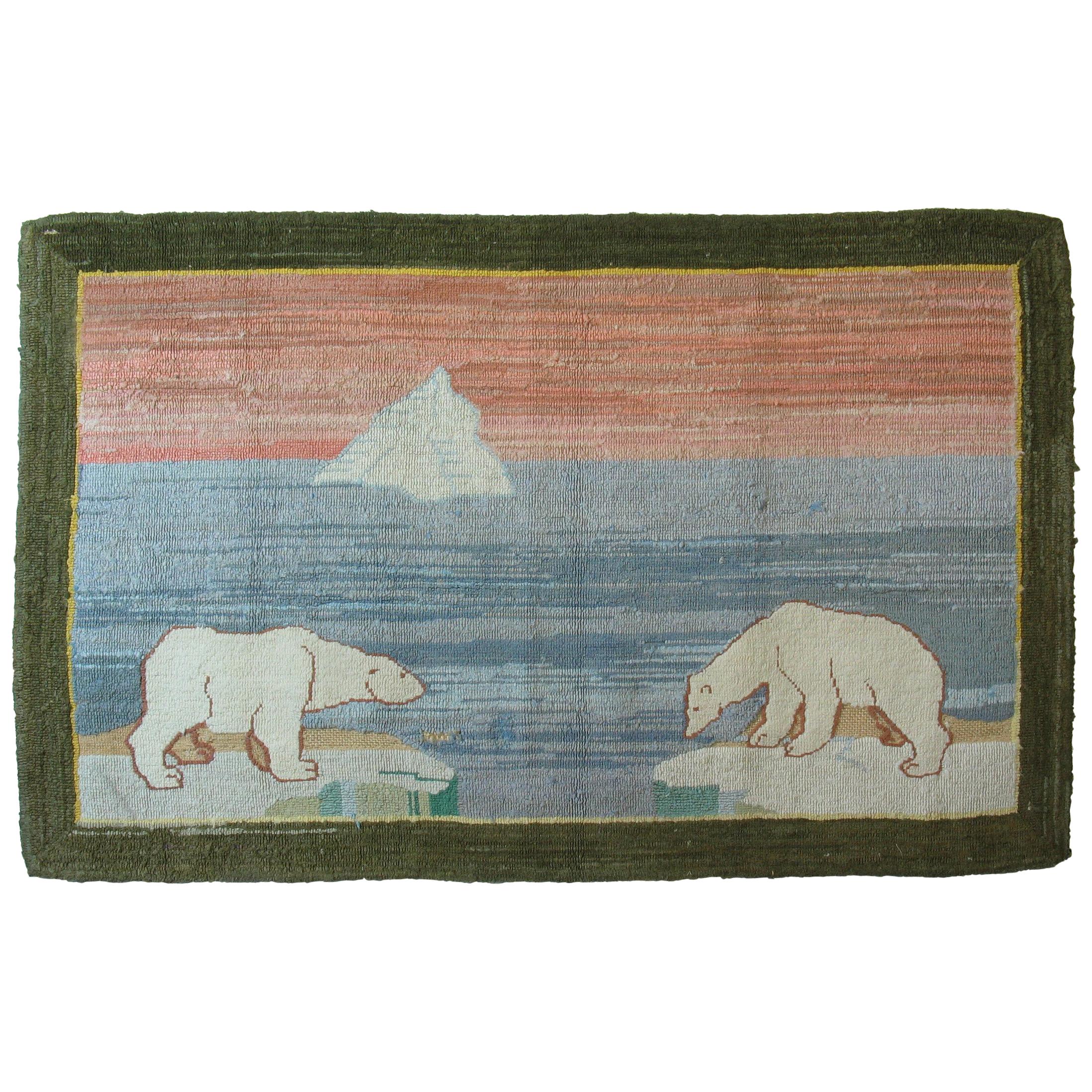 Large Grenfell Polar Bear Hooked Rug Grenfell Mission, Early 20th Century
