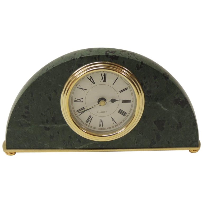 Green Marble Desk Clock with Polished Brass Details at 1stDibs