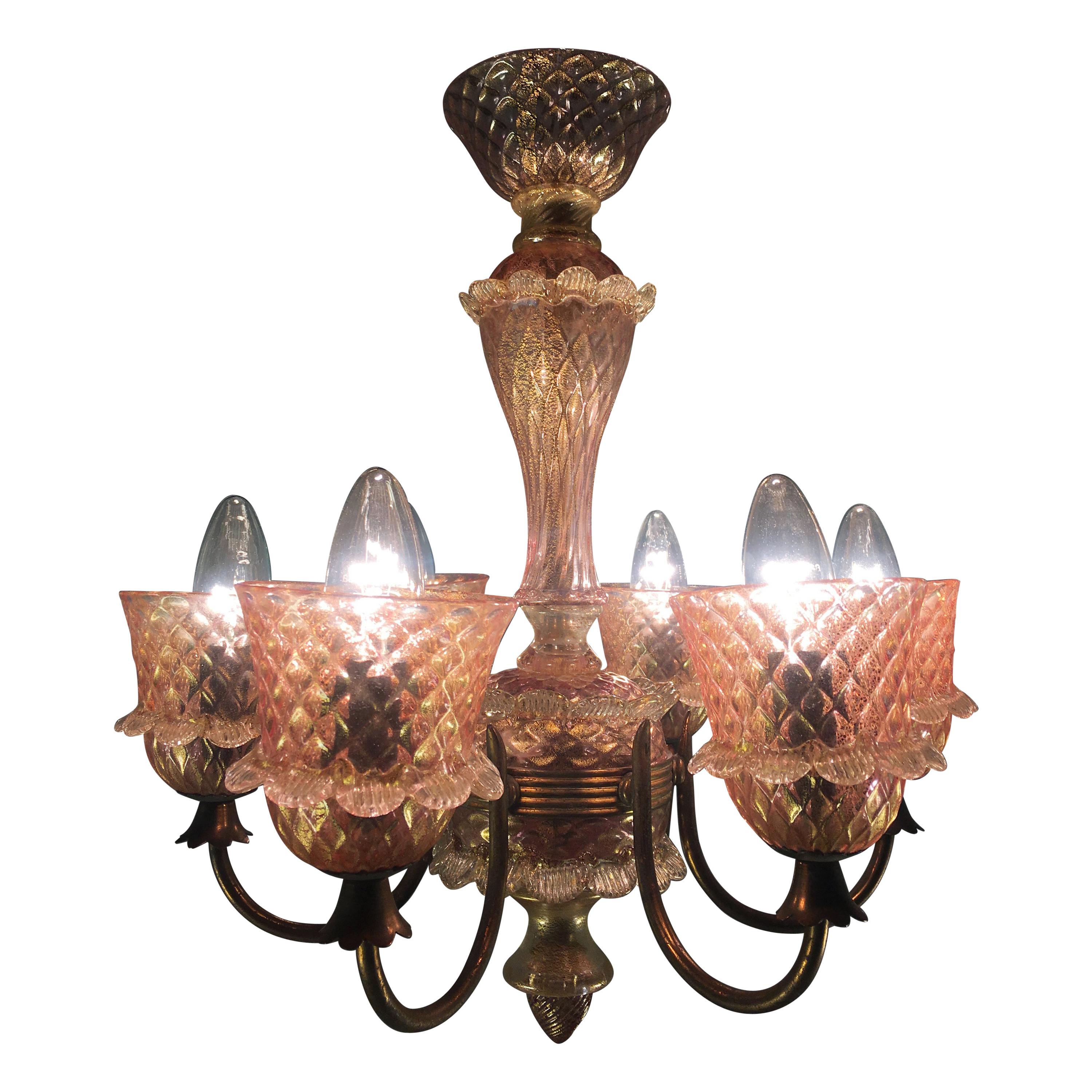 Pink and Gold Chandelier by Barovier & Toso, Murano, 1950 For Sale