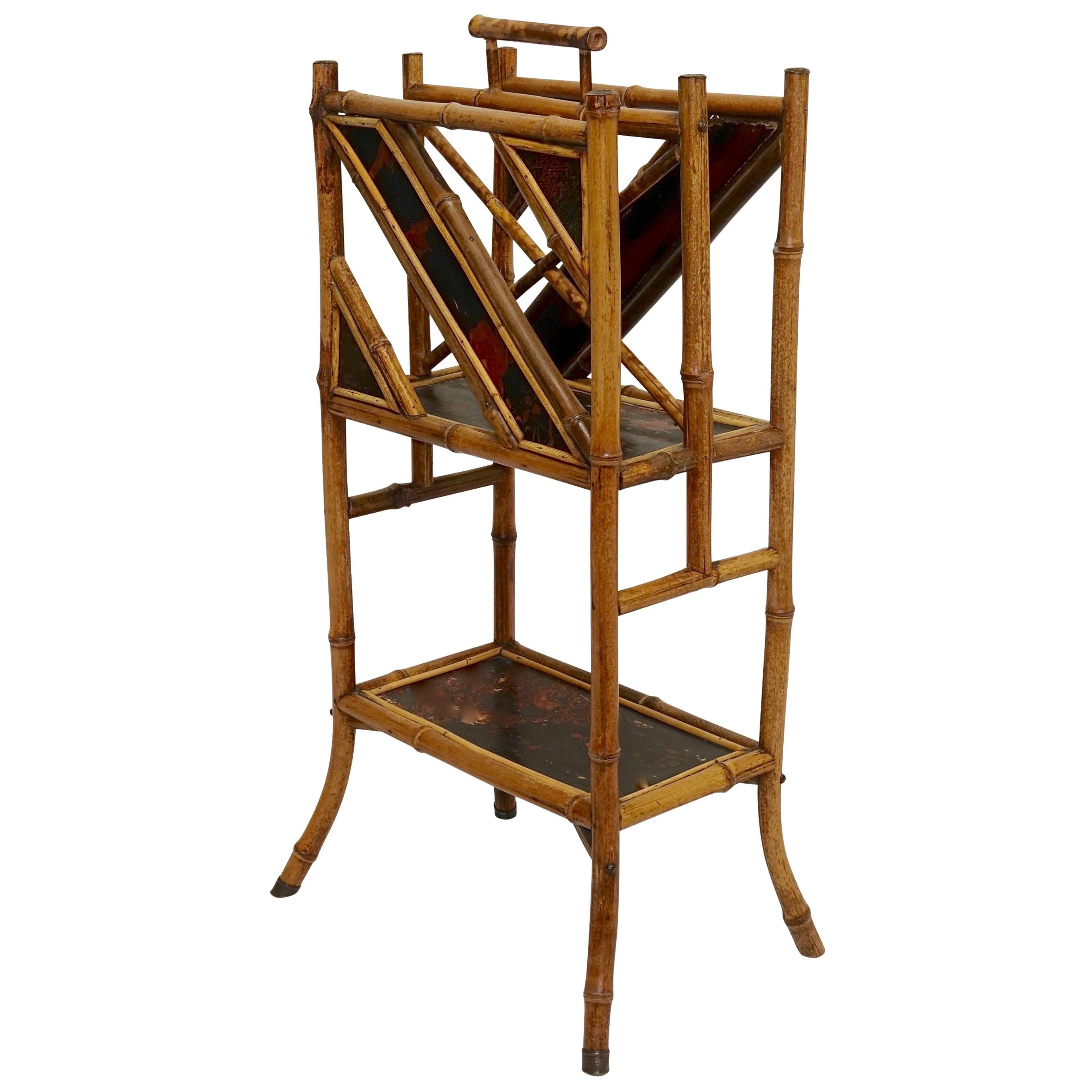 Bamboo Magazine Rack with Lacquer Panels, 19th Century For Sale