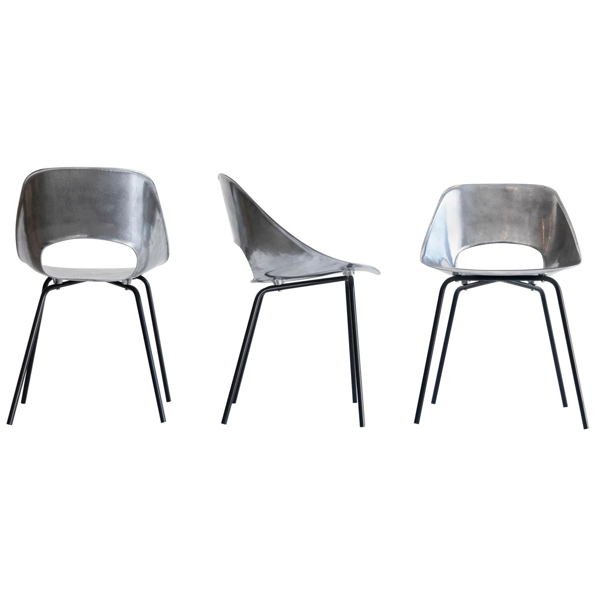 Pierre Guariche, Set of Three "Tonneau" Cast Aluminum Chairs, circa 1950-1959