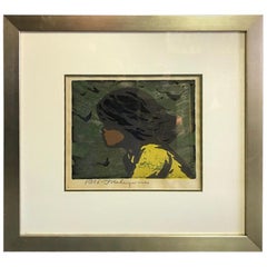 Tadashi Nakayama Signed Japanese Woodblock Print Girl in the Wind