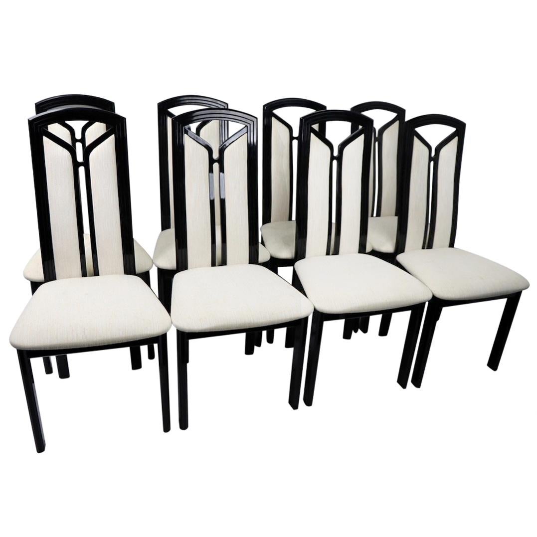 Set of Eight Italian Black Lacquer High Back Dining Chairs by Tonon