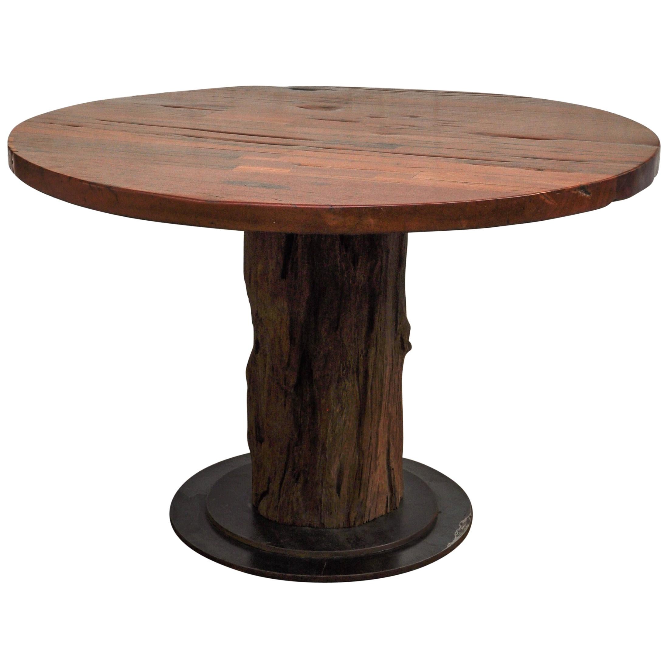 Rustic Round Table Recycled Bridge Wood with Tiered Steel Plate Base