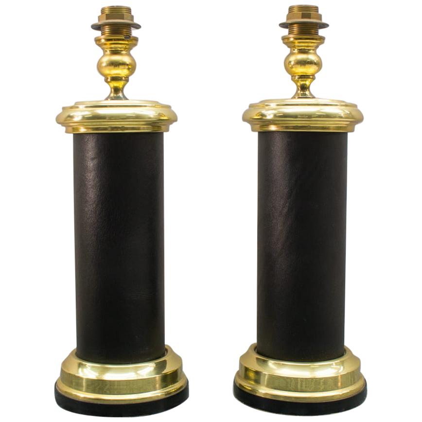 Pair Large Italian Table Lamps in Gold and Leather, Italy, 1960s