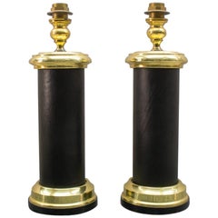 Pair Large Italian Table Lamps in Gold and Leather, Italy, 1960s