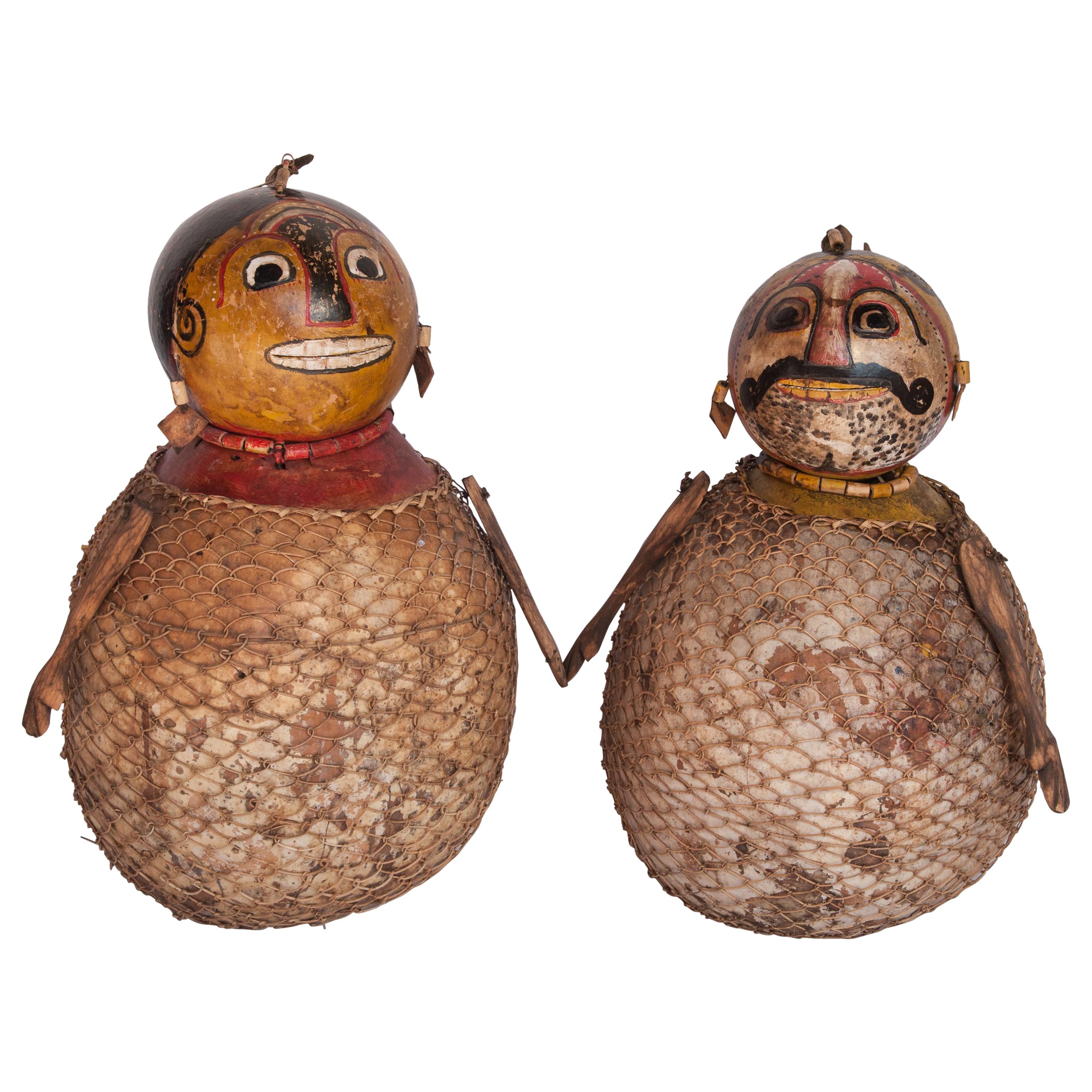 Vintage Painted Gourd Couple, Folk Art from Lombok, Indonesia, Late 20th Century