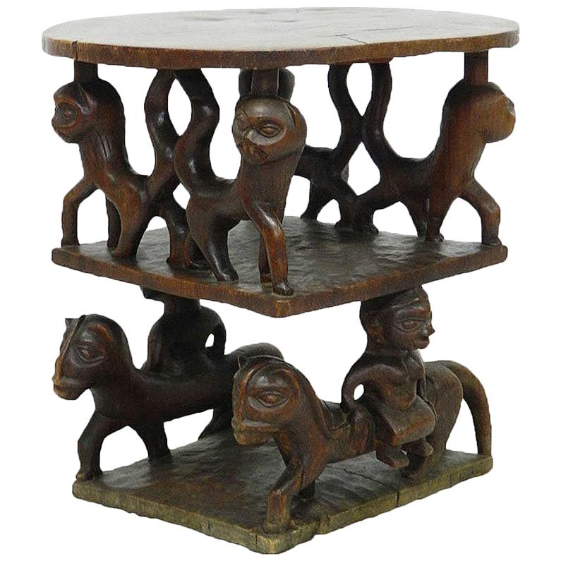 Vintage African Table Carved Wood with Animals, Early 20th Century