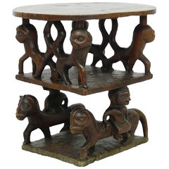 Antique African Table Carved Wood with Animals, Early 20th Century