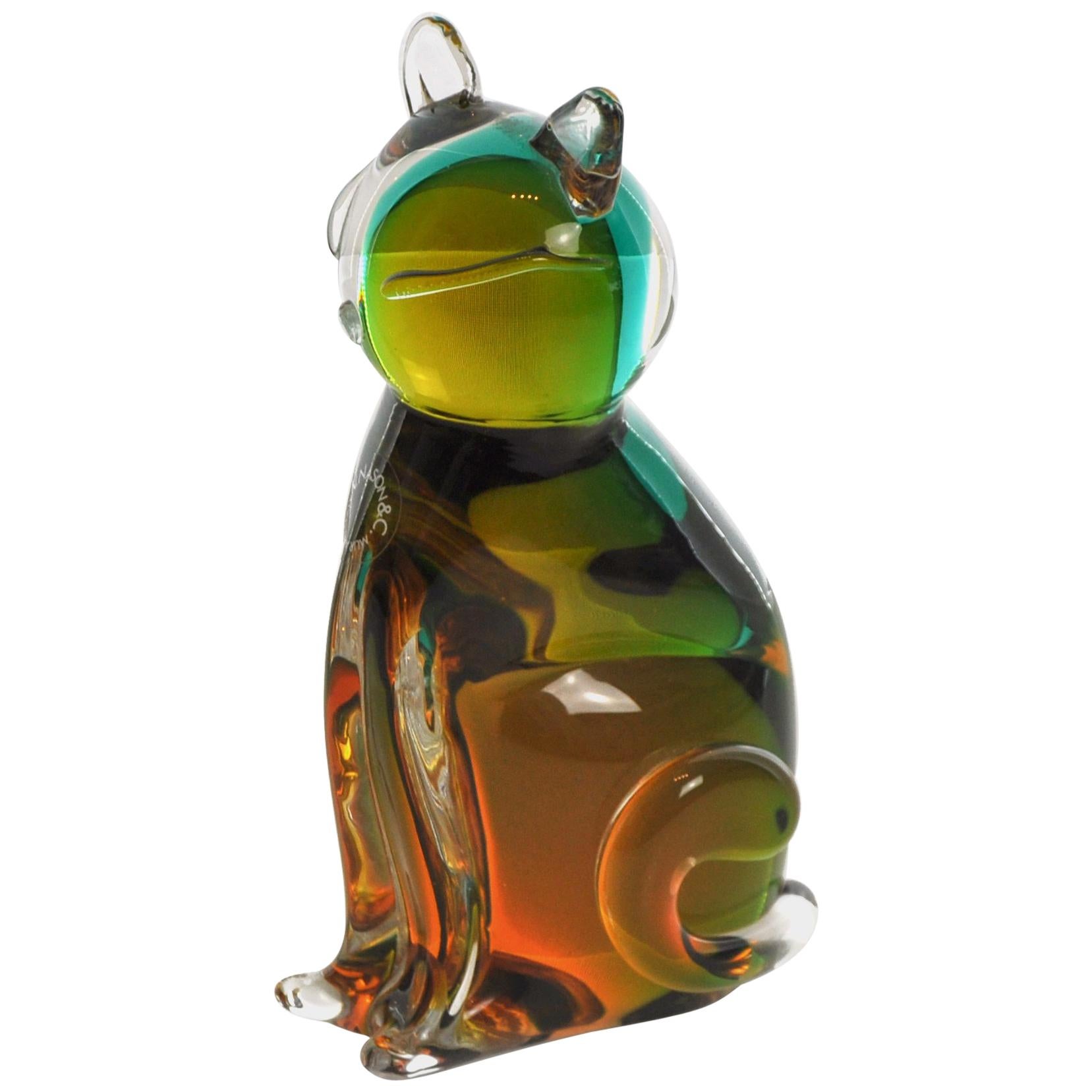 Amber and Green Cat in Murano Glass by V. Nason
