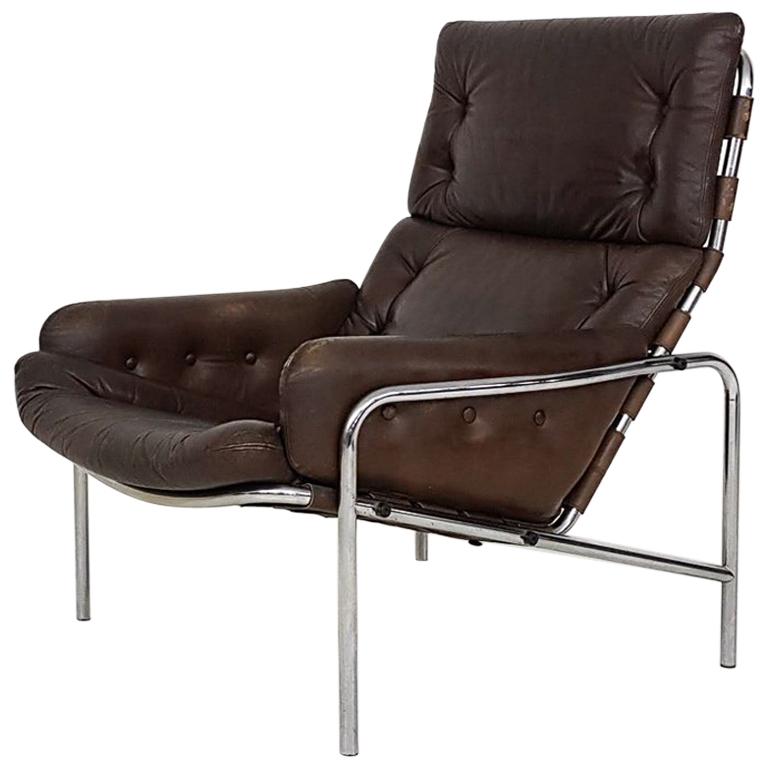 “Nagoya” Brown Leather Lounge Chair by Martin Visser for ’t Spectrum, Dutch 1969