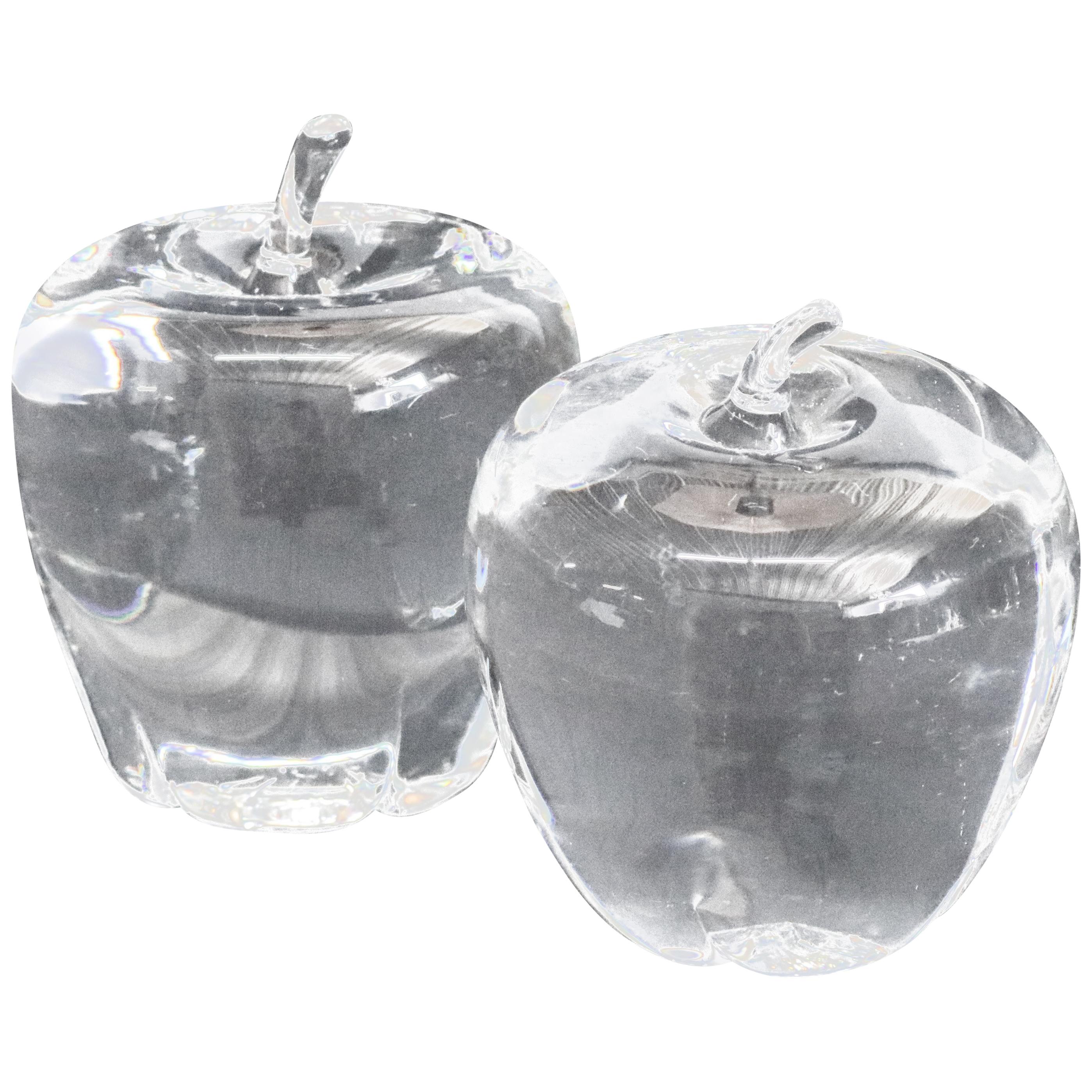 2 Steuben Figurative Crystal Fruit Sculpture Paperweights of Apples, Signed