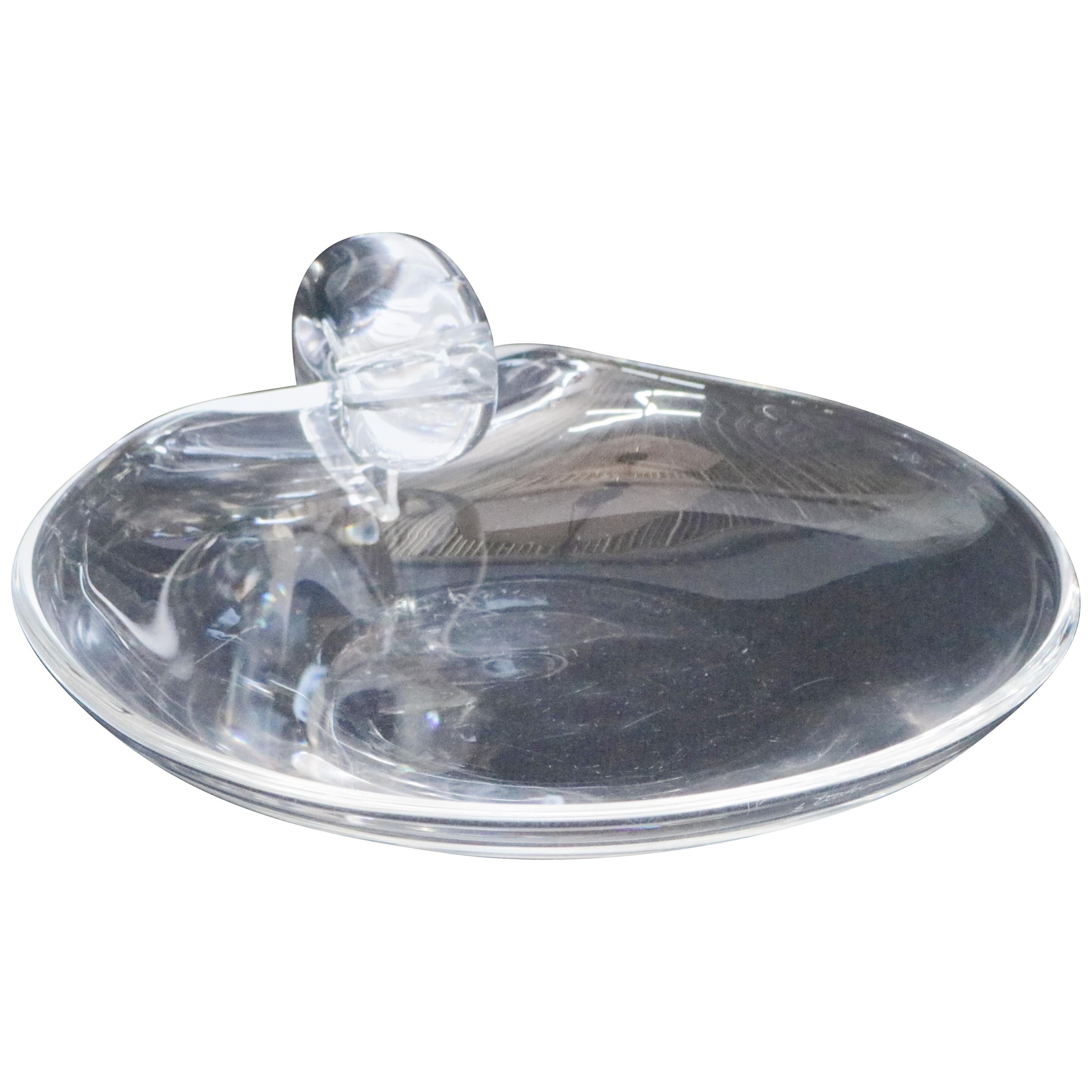Steuben Crystal Sloping Bowl Art Glass Candy Dish, Classic Scroll Handle, Signed