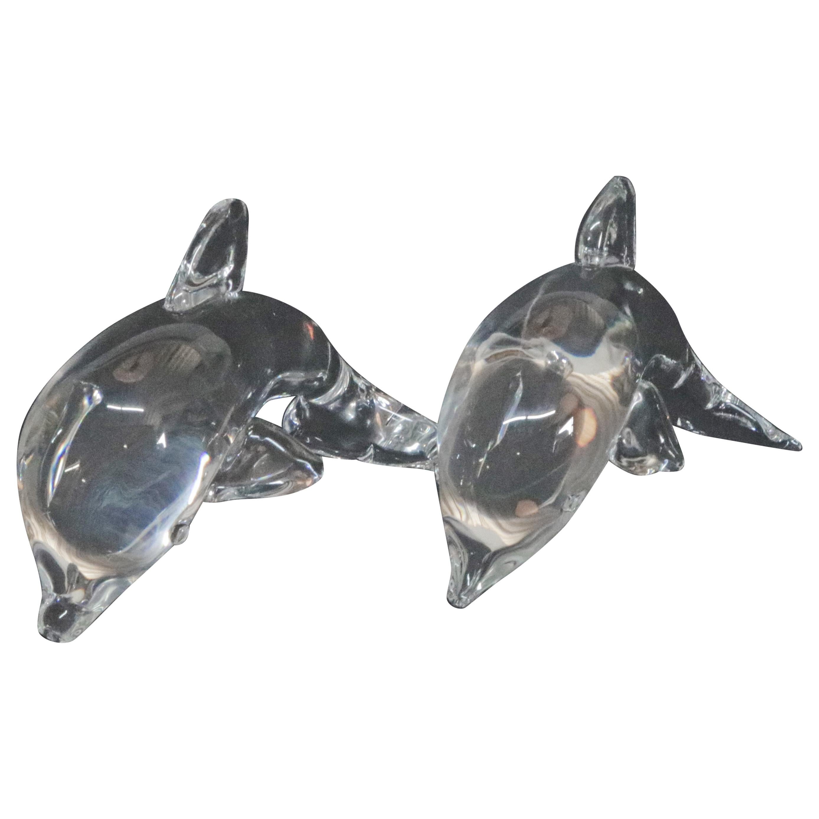 Pair of Steuben Crystal Sculpture Paperweights of Dolphins, Lloyd Atkins, Signed