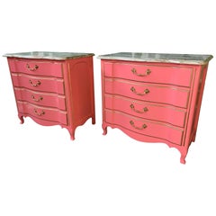 Pair of Pink Lacquered Marble-Top French Provincial Dressers by John Widdicomb