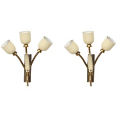 Vintage Pair of Applique in Brass and Italian Stilnovo Style Enamel, Three Lights, Italy