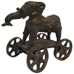 Antique Cast Bronze Temple Toy Elephant on Wheels India