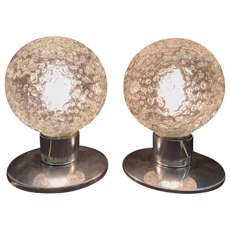 Pair of Petite Doria Leuchten Ice Glass Ball Side or Table Lamps, 1960s, German