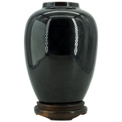 Late 19th Century Qing Dynasty Chinese Black Mirror Kangxi Jar Vase in Stand