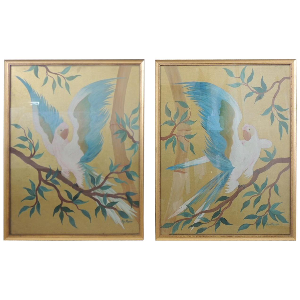 Pair of Hand Painted Hollywood Regency Verre Églomisé Style Parrots Paintings