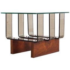 Midcentury Lucite, Glass and Walnut End Table, 1960s