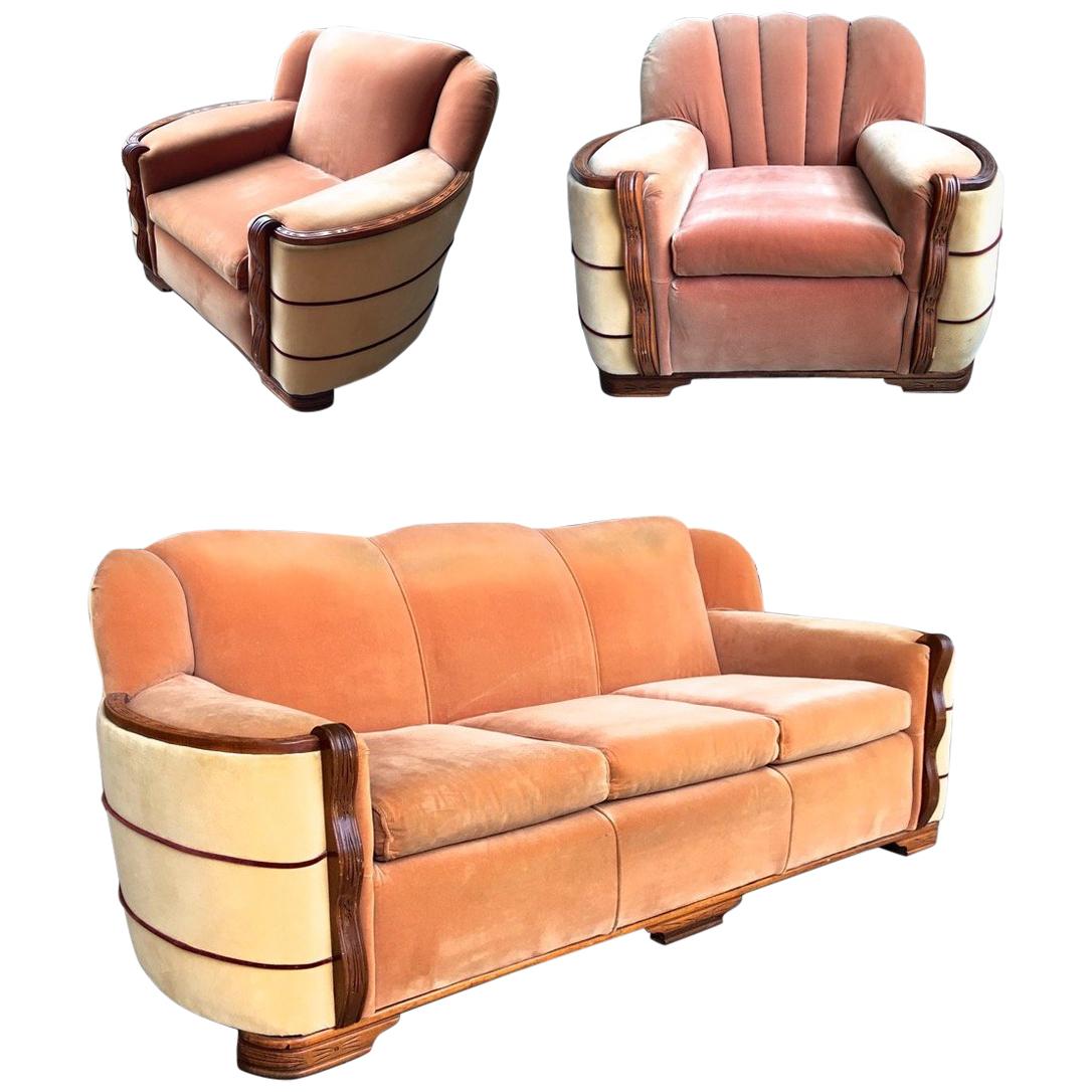 Art Deco Streamline Mohair Sofa and Club Chairs Suite
