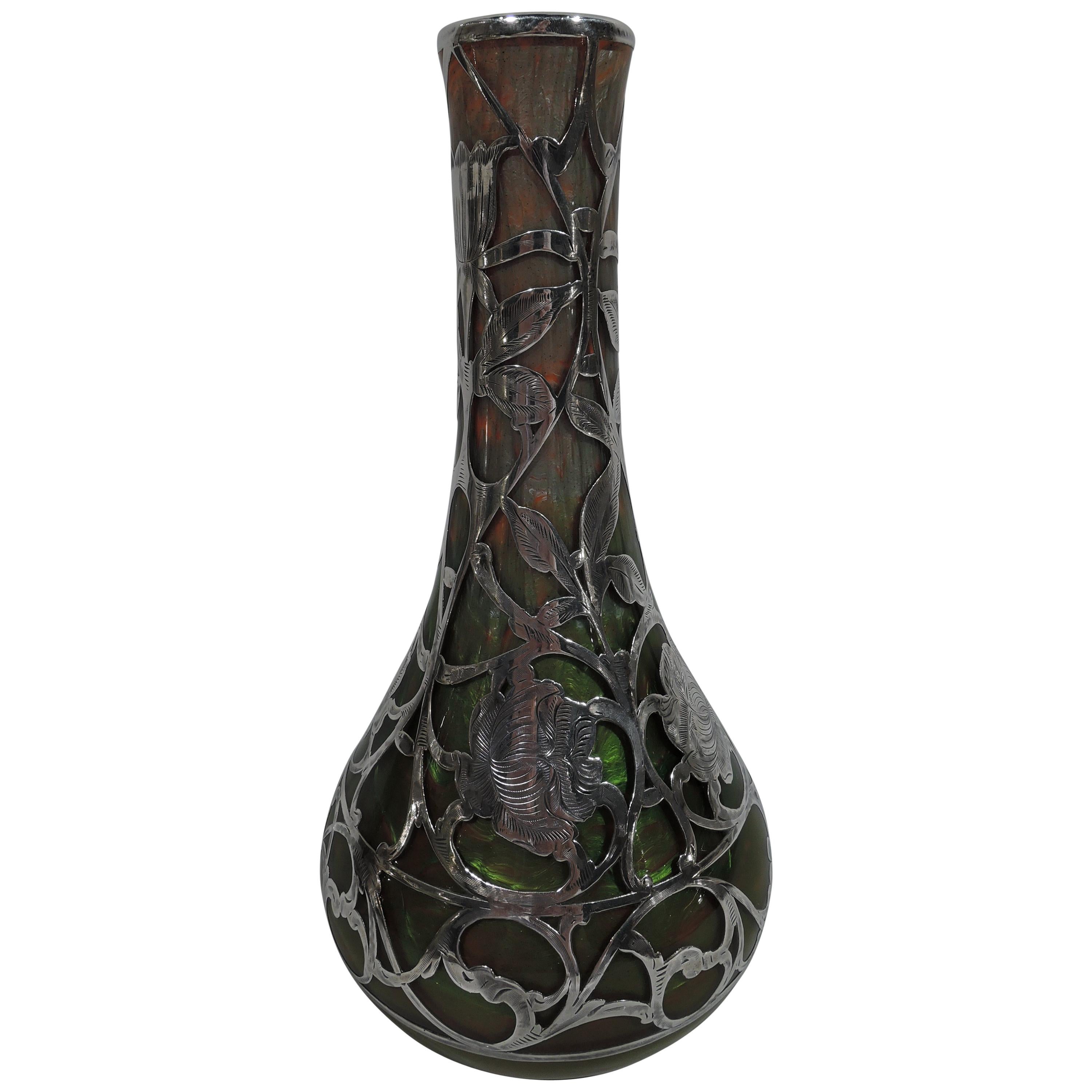 Loetz Art Nouveau Glass and Silver Overlay Vase in Titania Pattern
