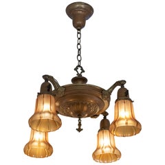 Antique 4-Arm Chandelier with Original Glass Shades, circa 1920